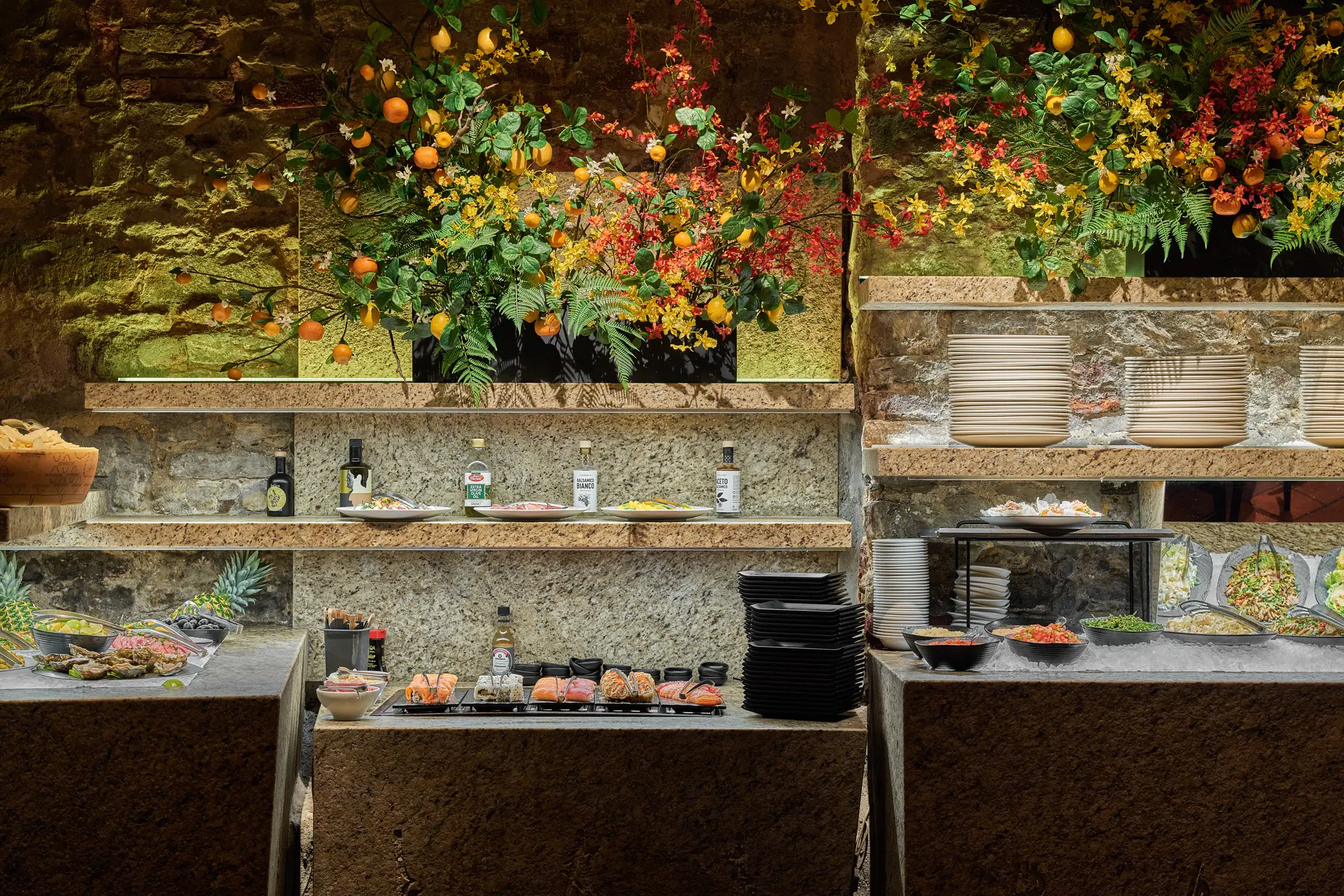 Buffet and cold selection at Brasileiro U Zelené žáby restaurant.