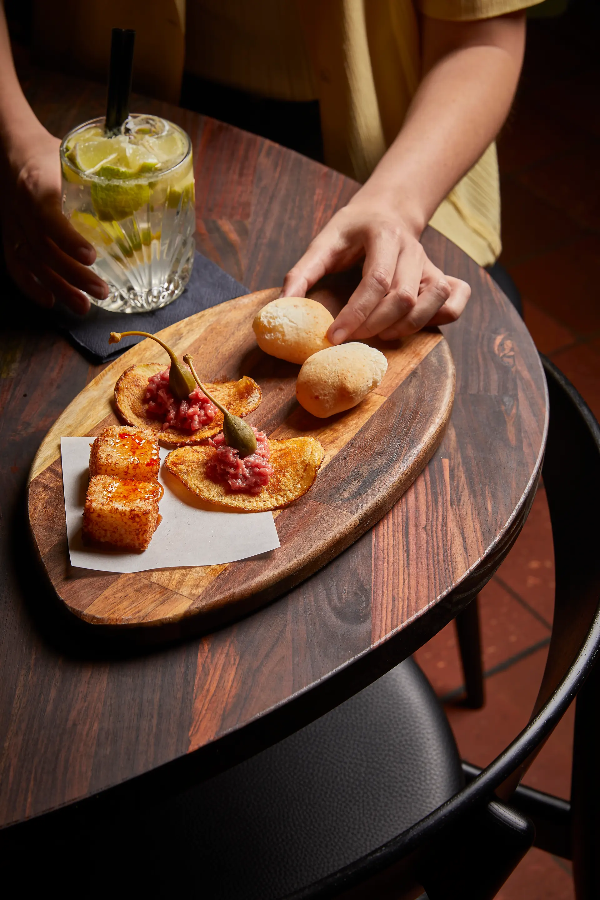 Appetizers and cocktail at Brasileiro restaurant.