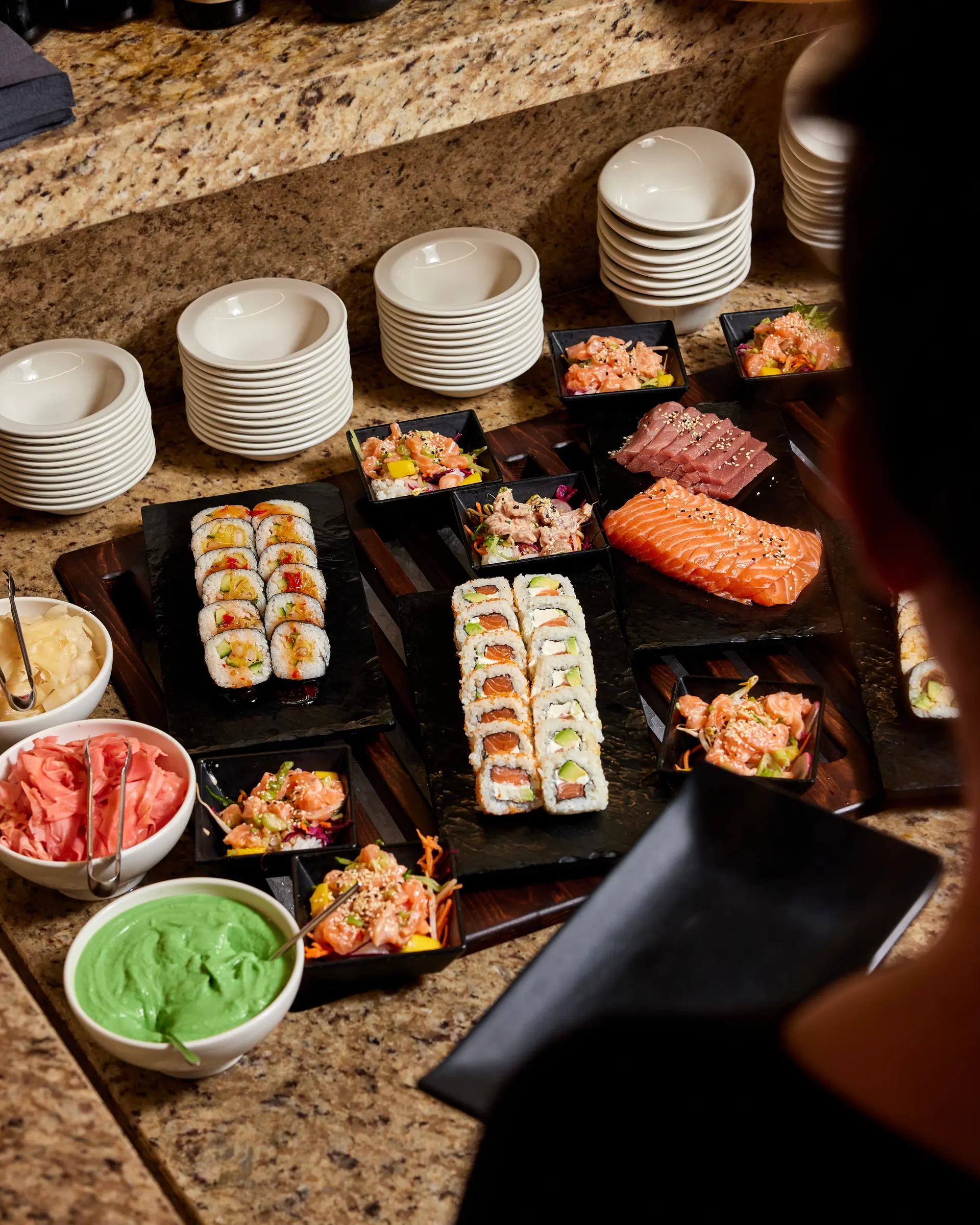 Sushi and seafood selection at Brasileiro restaurant.